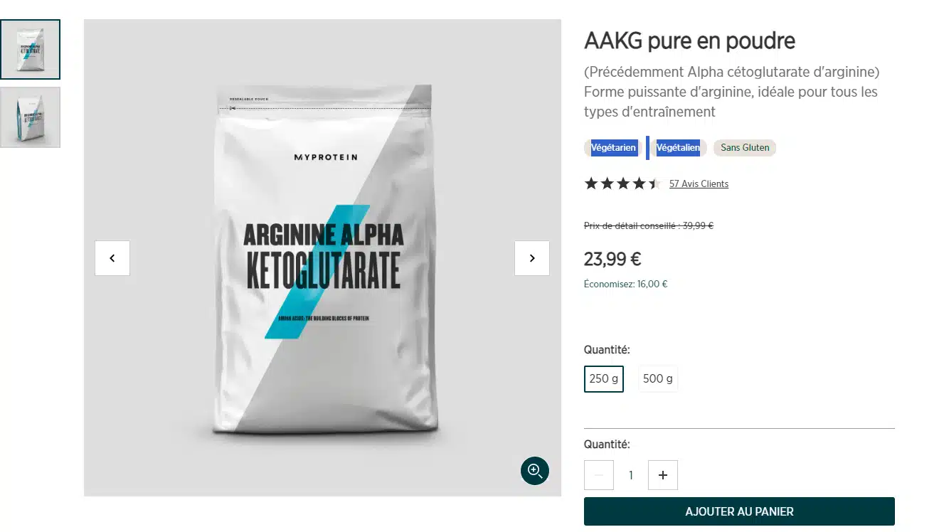 Arginine alpha-ketoglutarate (AAKG) MyProtein test et avis potentiel gâché origine animale