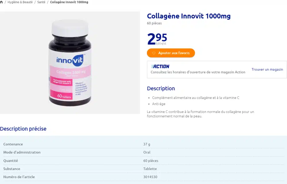 Innovit collagen 1000mg vendu Action test et avis un produit petit prix n'offrant aucune garantie normes labels qualité produit