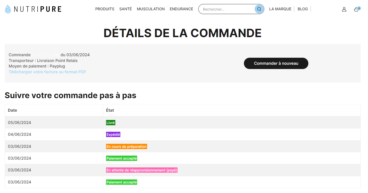 Capture d'écran d'un détail de commande affichant les différentes étapes de ma commande et de la livraison Nutripure