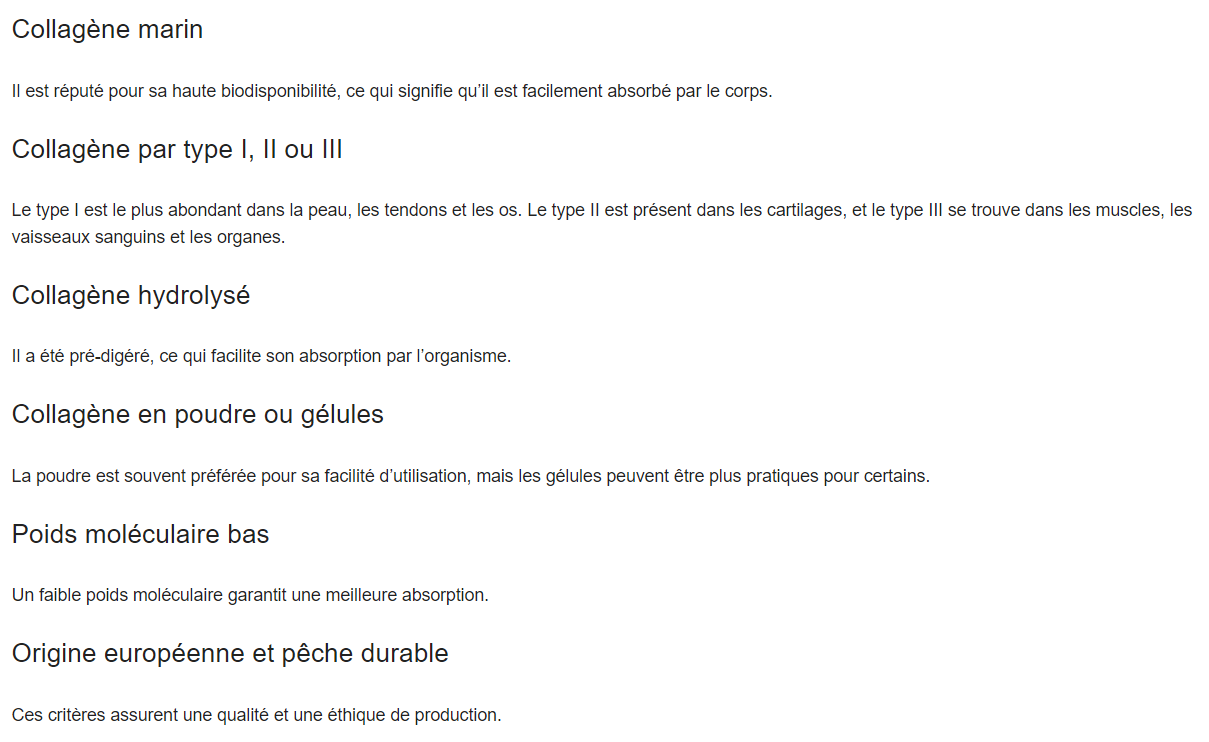 Liste de points sur le collagène sans grands détails
