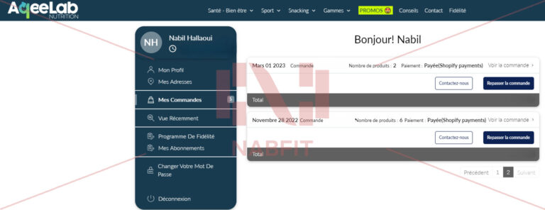 Capture d'écran de mon espace client du site AqeeLab Nutrition