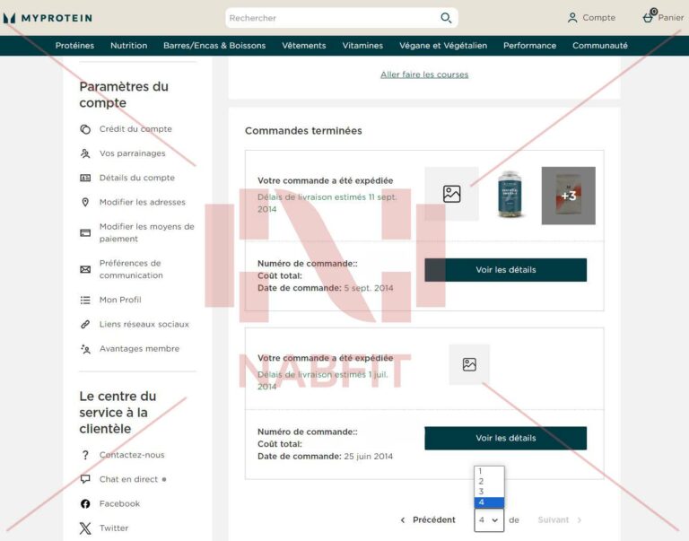 Capture d'écran de mon espace client du site MyProtein