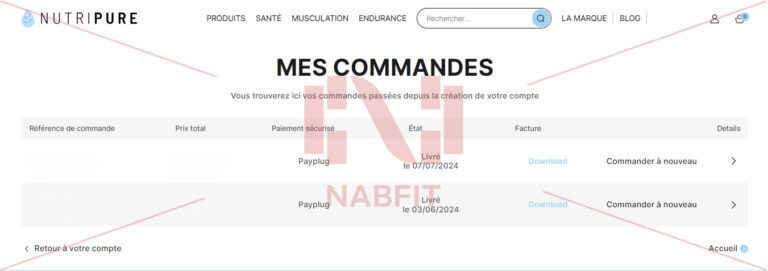 Capture d'écran de mon espace client du site Nutripure