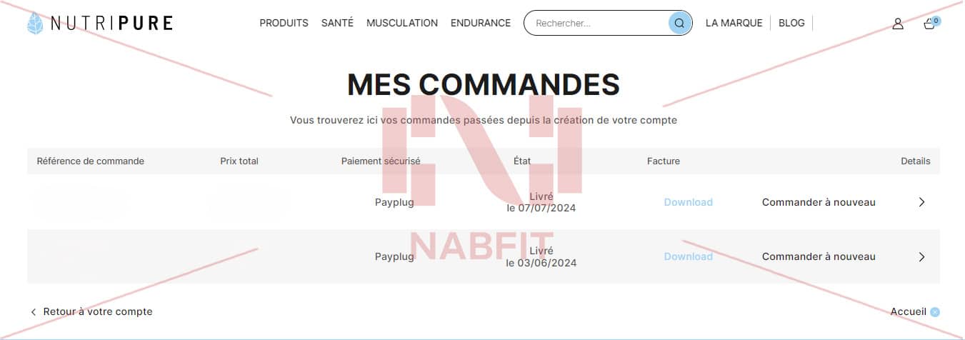 Capture d'écran de mon espace client du site Nutripure