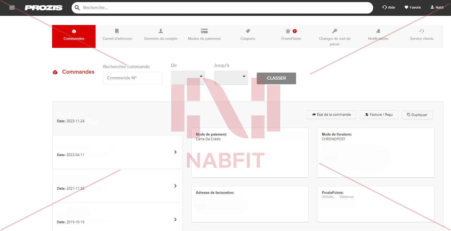 Capture d'écran de mon espace client du site Prozis