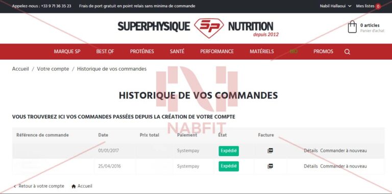 Capture d'écran de mon espace client du site SuperPhysique Nutrition