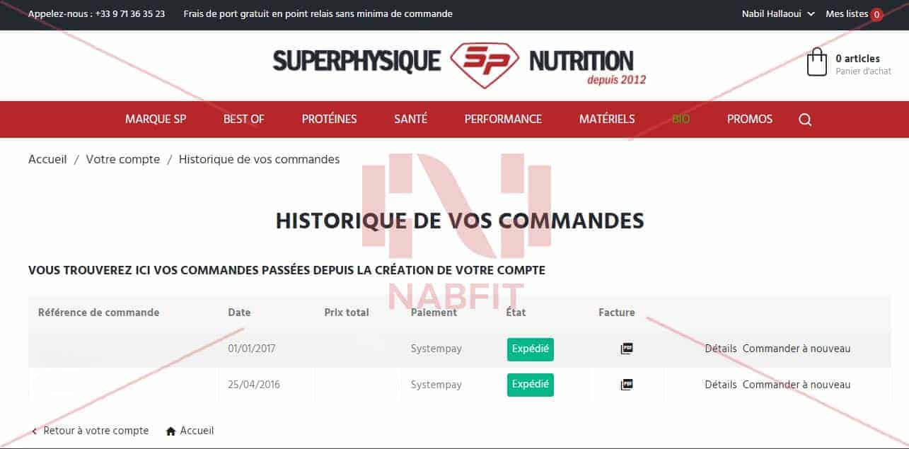 Capture d'écran de mon espace client du site SuperPhysique Nutrition