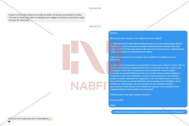 Capture d'écran discussion Instagram avec un lecteur de NabFit.fr