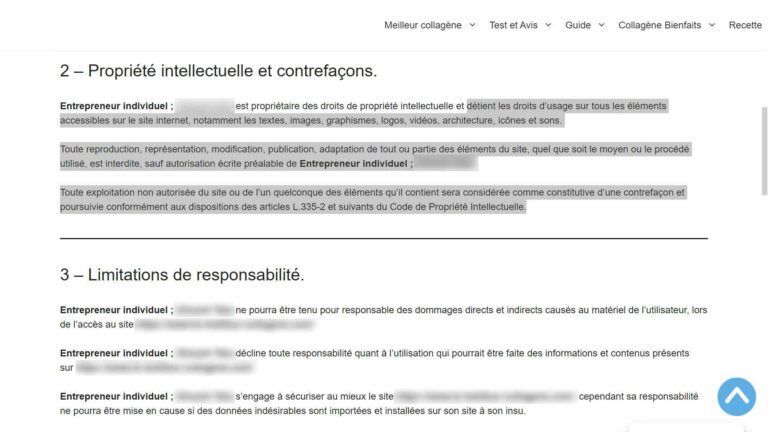 Extrait des mentions légale du site tiers ayant utilisé ma photo sans mon accord