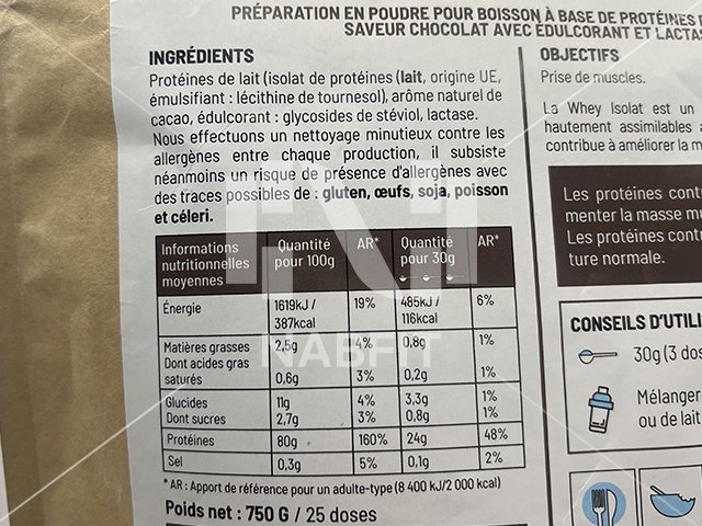 Liste des ingrédients de la « Whey Isolat » Nutripure testée pour NabFit.fr