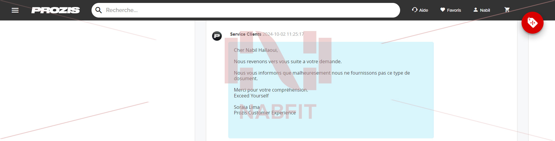 Une capture d'écran d'un mail envoyé à la marque Prozis (première partie)