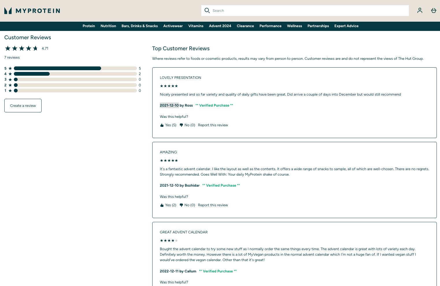Capture d'écran du site MyProtein (version anglaise), affichant les avis clients du calendrier de l'Avent 2024 MyProtein
