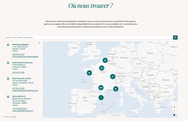 Capture d'écran d'une carte interactive des points de vente vendant des compléments Novoma