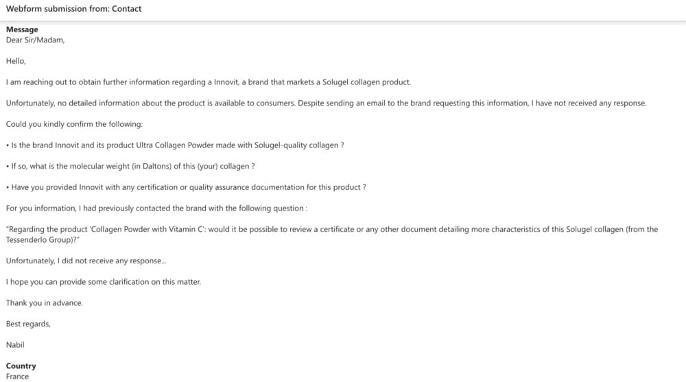 Extrait de mail personnel NabFit.fr PB Leiner Solugel collagene Innovit marque avis produits partie 2