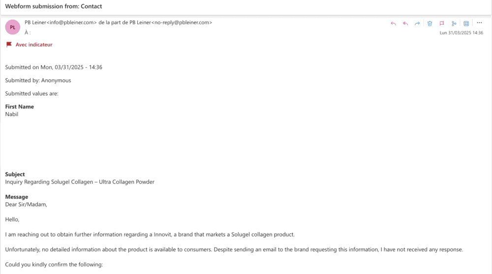 Extrait de mail personnel NabFit.fr PB Leiner Solugel collagene Innovit marque avis produits