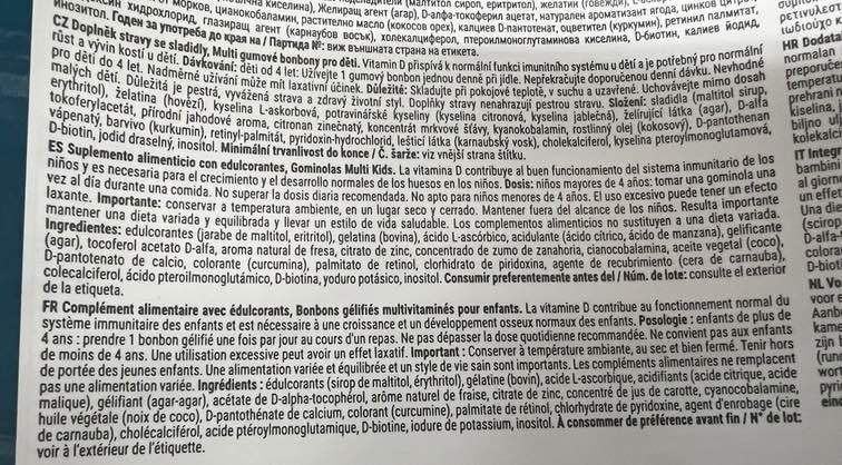 Photo personnelle de la liste d'ingrédients du complément alimentaire Multi Kids de la marque Innovit