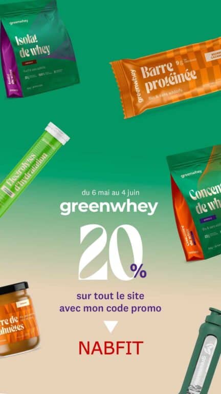 Illustration de quelques produits GreenWhey avec le code promo NABFIT accordant - 20 % sur tout le site de la marque