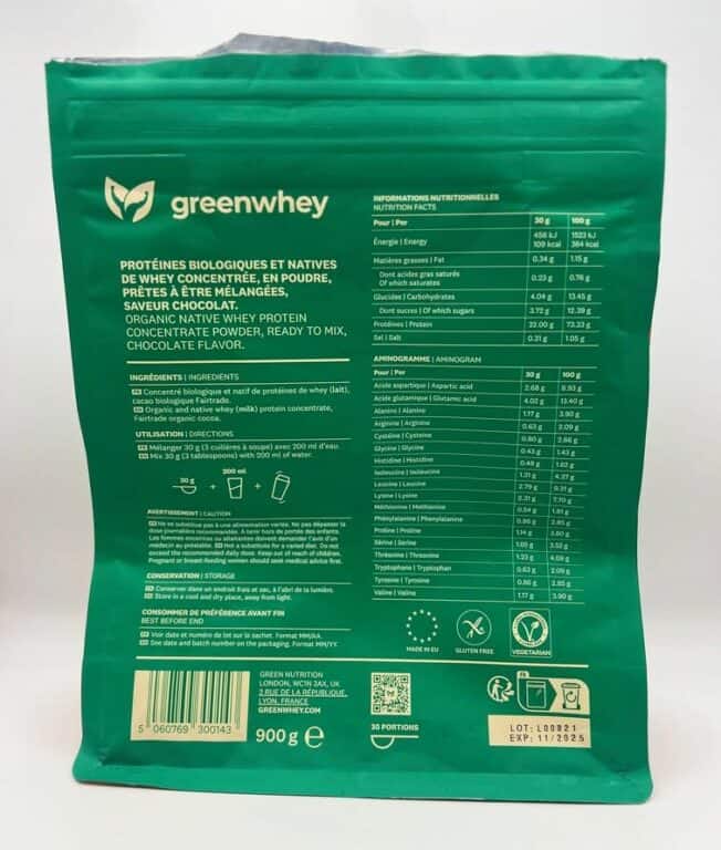 Concentré de whey GreenWhey que demander de plus mon test et avis ingrédients composition Photo personnelle NabFit.fr du dos du paquet de concentré de whey de la marque de compléments alimentaires GreenWhey