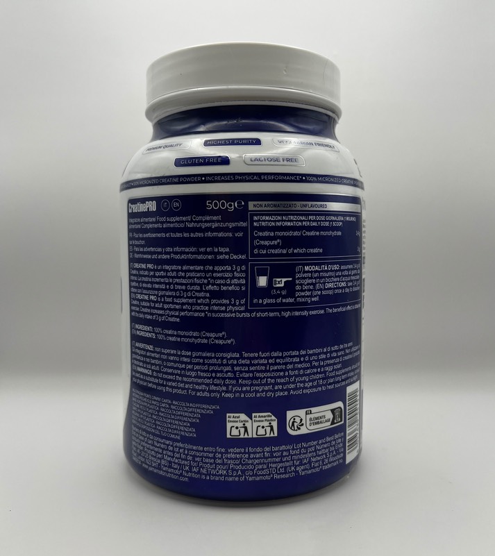 Photo personnelle montrant les conseils d'utilisation et la composition de la CreatinePRO Yamamoto Nutrition