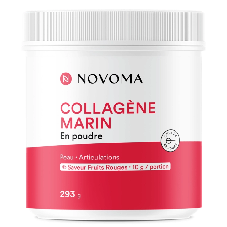 Pot de collagène Novoma saveur fruits rouges Illustration du collagène marin en poudre saveur fruits rouges de la marque de compléments alimentaires Novoma