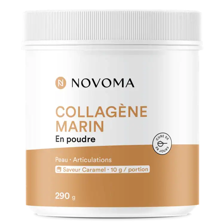 Novoma collagène marin poudre caramel Illustration d'un pot de collagène marin en poudre saveur caramel de la marque de compléments alimentaires Novoma