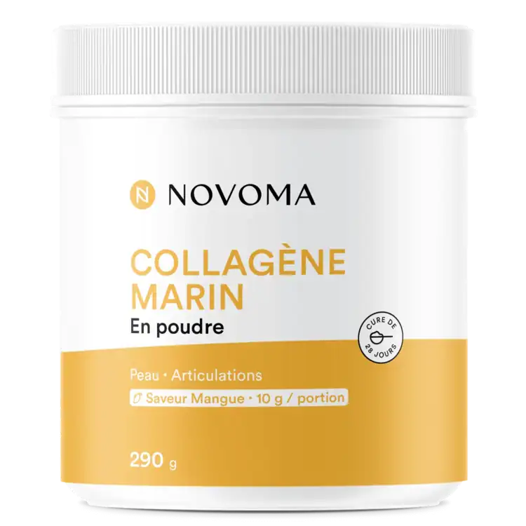 Novoma collagène marin poudre mangue Illustration d'un pot de collagène marin en poudre saveur mangue de la marque de compléments alimentaires Novoma