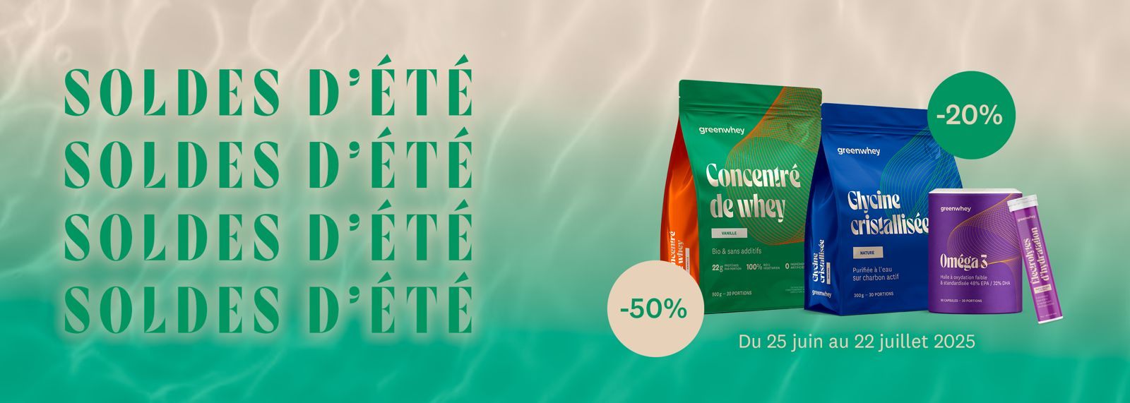 Soldes dete GreenWhey juin juillet 2025 NabFit.fr Illustration mentionnant les soldes d'été chez GreenWhey avec des réductions comprises entre 20 % et 50 % sur les compléments alimentaires de la marque