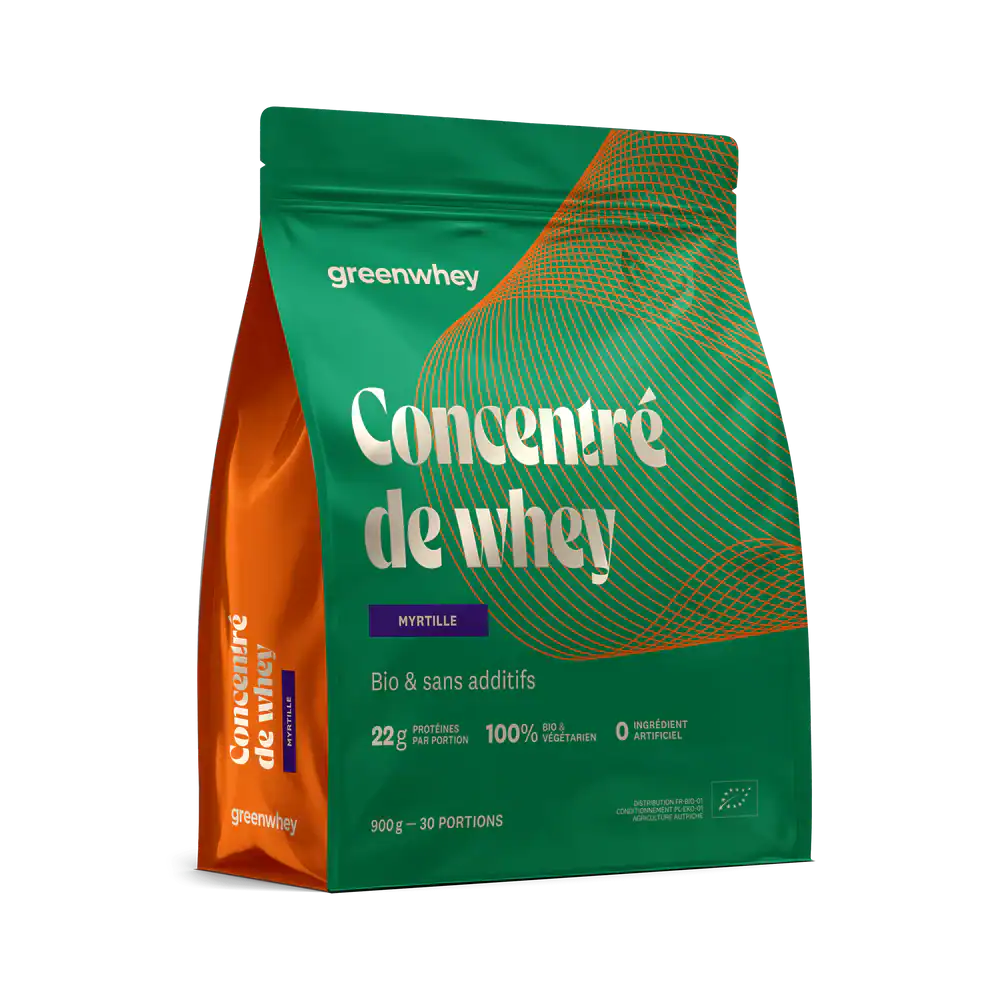 GreenWhey protéine de whey bio myrtille Illustration du concentré de whey bio saveur myrtille de la marque de compléments alimentaires GreenWhey