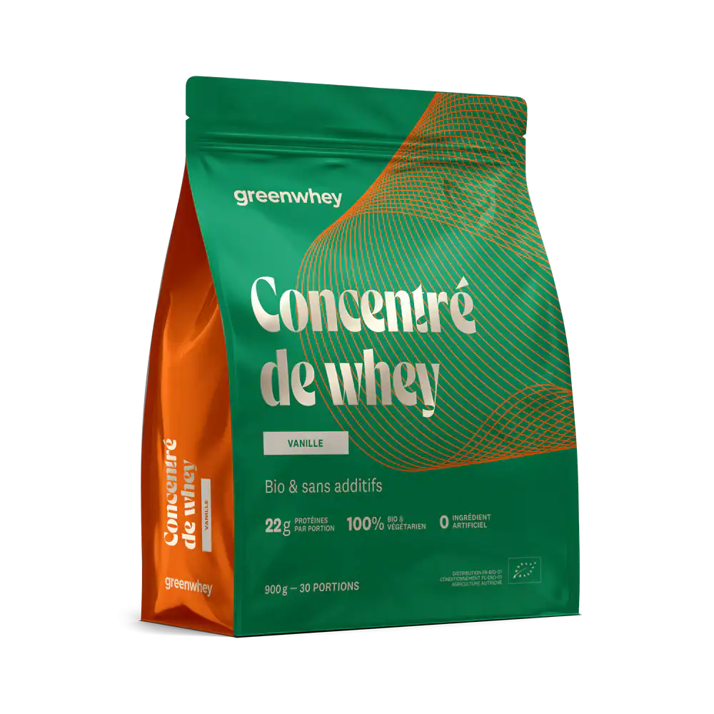 GreenWhey protéine de whey bio vanille Illustration du concentré de whey bio saveur vanille de la marque de compléments alimentaires GreenWhey