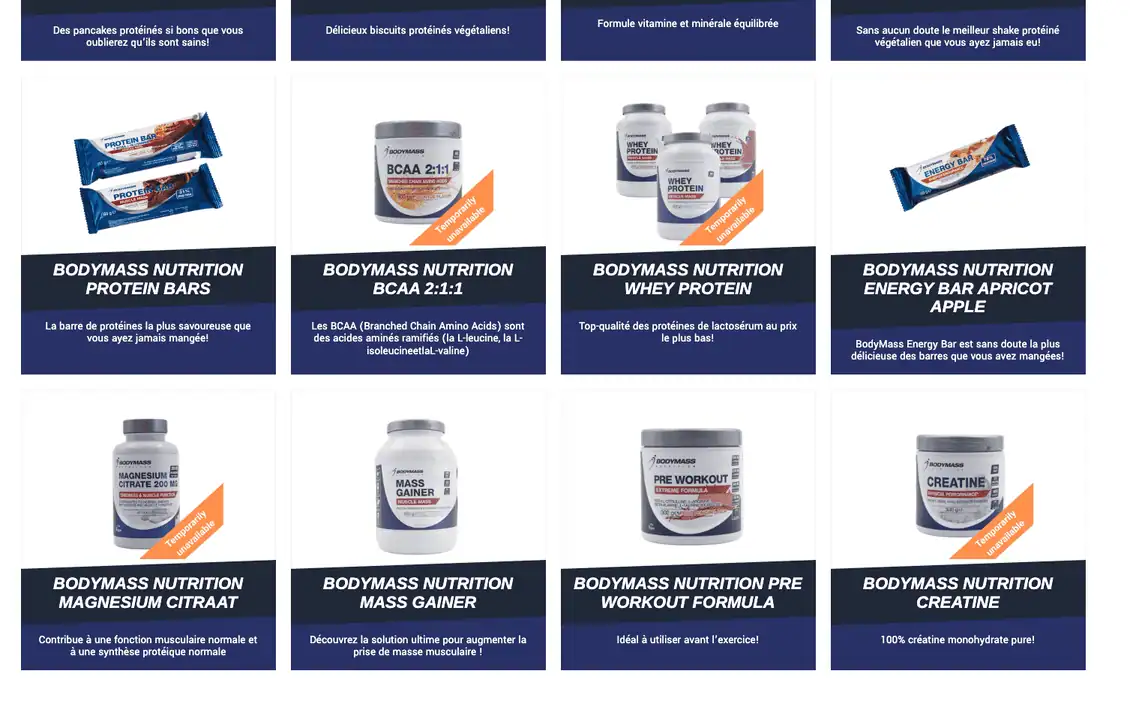 Capture d'écran de la page présentant les produits de la marque BodyMass Nutrition