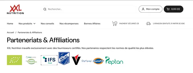 Capture d'écran d'une page affichant les certifications et labels des produits XXL Nutrition