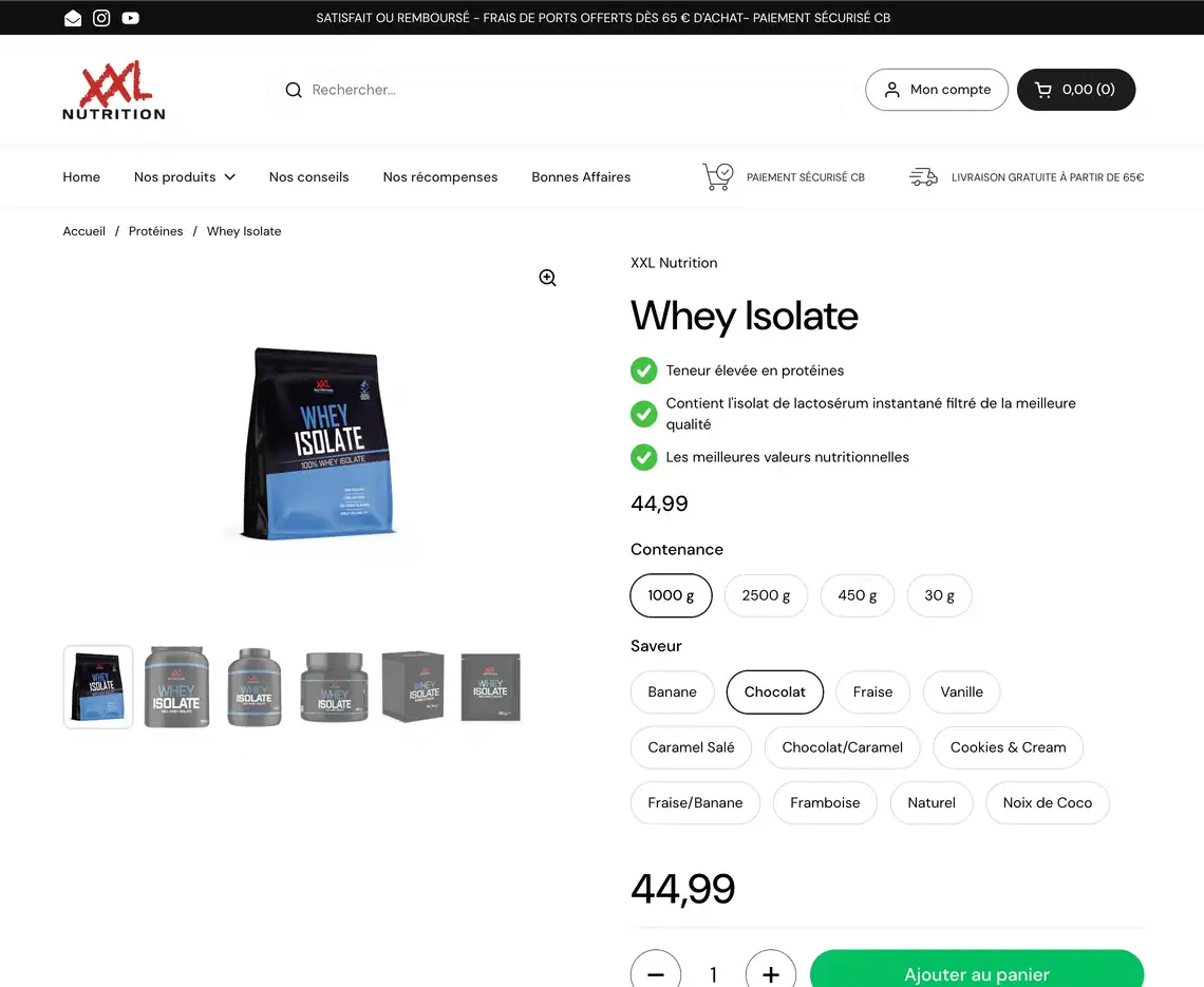 Capture d'écran du site de la marque de compléments alimentaires XXL Nutrition