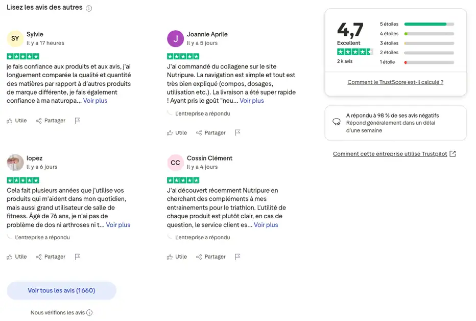 Mon avis personnel Nutripure top marques françaises clients Trustpilot Capture d'écran du site Trustpilot affichant la note de la marque Nutripure
