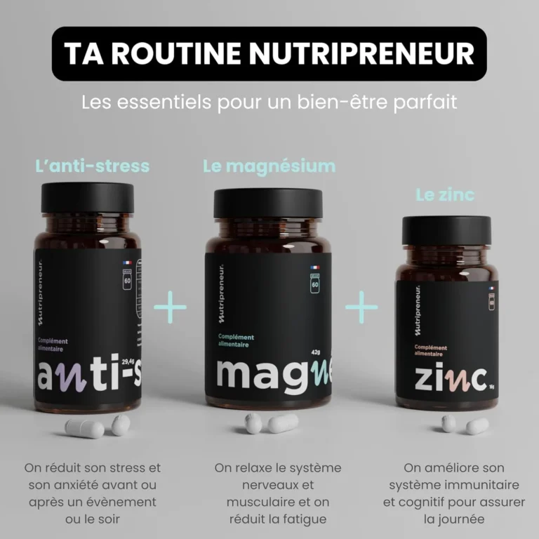 Illustration de trois produits de la marque de compléments alimentaires Nutripreneur agissant en synergie, à savoir l'« Anti-stress », le « Magnésium » et le « Zinc »