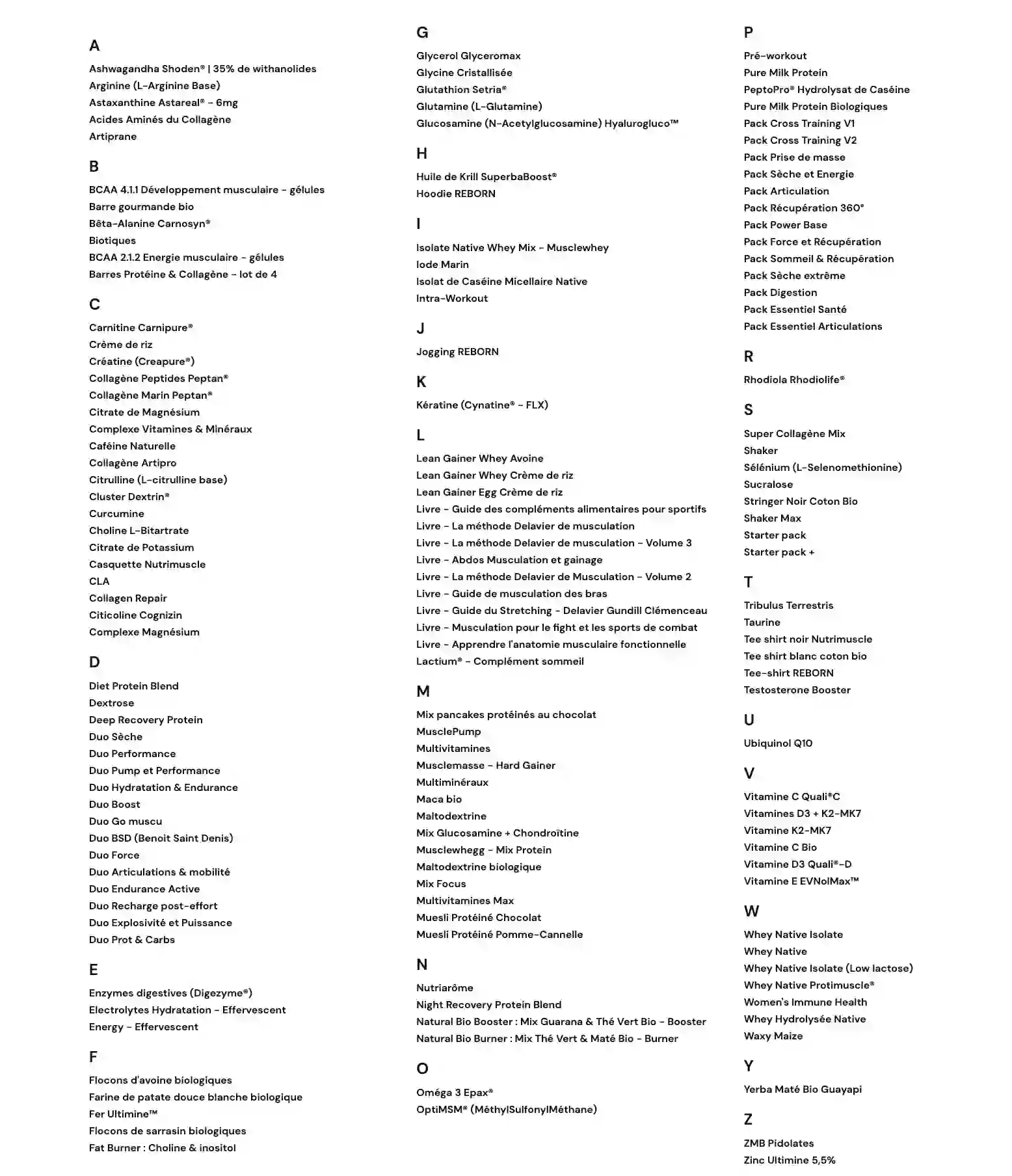 Capture d'écran de la liste exhaustive des compléments alimentaires de la marque Nutrimuscle
