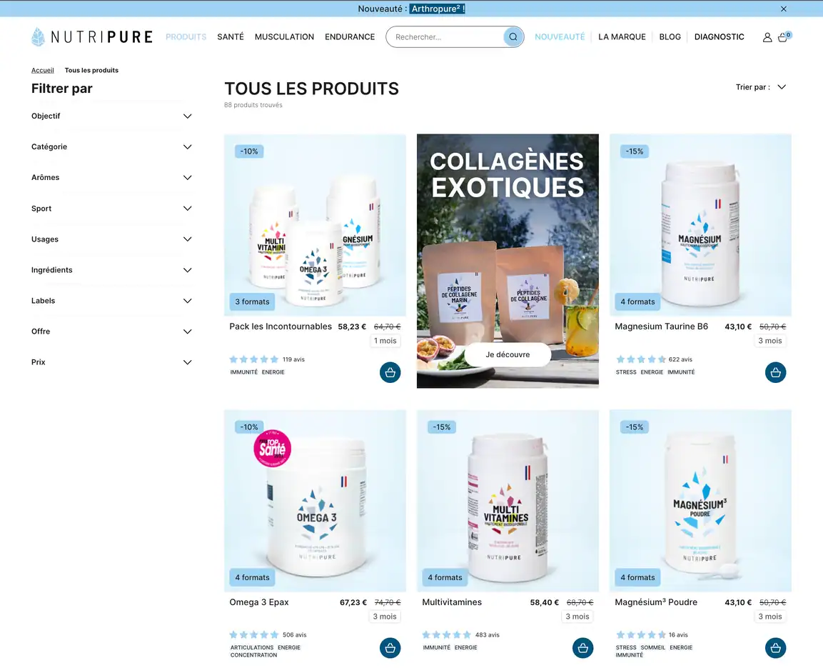 Capture d'écran de la page présentant tous les produits de la marque de compléments alimentaires Nutripure