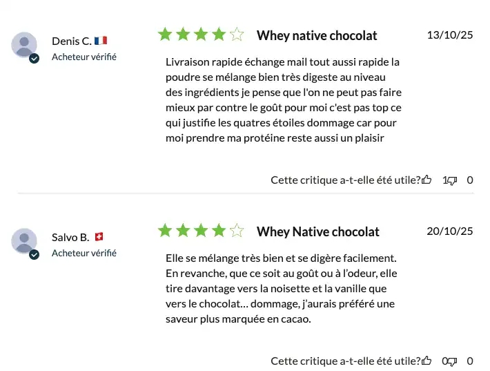 Concentré Whey Native AqeeLab Nutrition est-il le meilleur du marché test avis commentaires goût Capture d'écran de deux avis clients au sujet de la Whey Native AqeeLab Nutrition