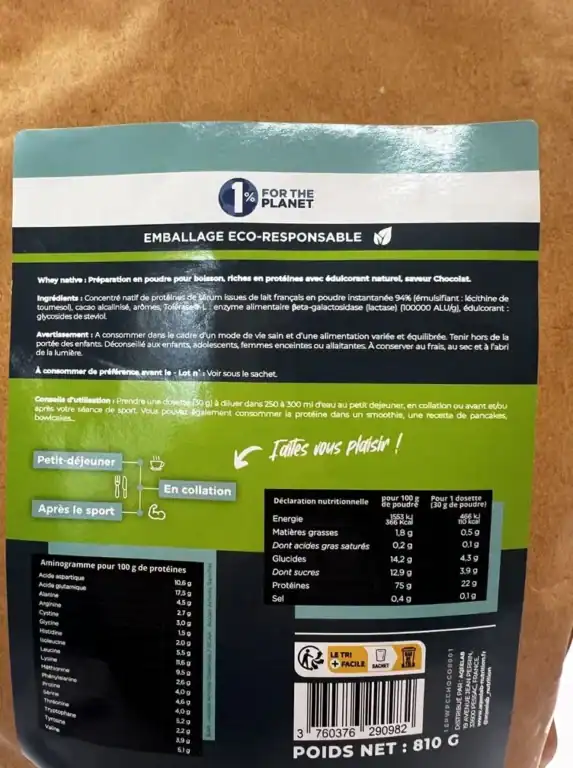 Concentré Whey Native AqeeLab Nutrition est-il le meilleur du marché test avis composition ingrédients Photo personnelle NabFit.fr du dos du paquet de Whey Native de la marque AqeeLab Nutrition