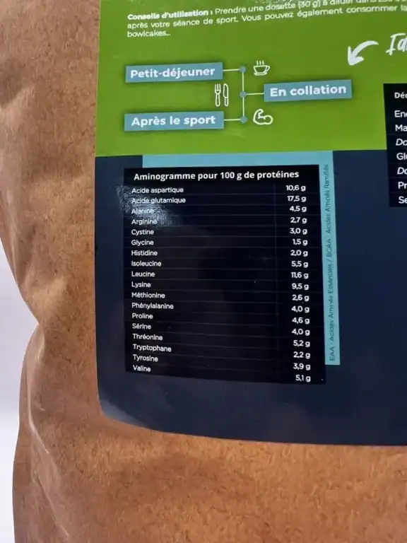 Concentré Whey Native AqeeLab Nutrition est-il le meilleur du marché test avis Photo personnelle NabFit.fr de l'aminogramme de la Whey Native AqeeLab Nutrition affiché au dos du paquet