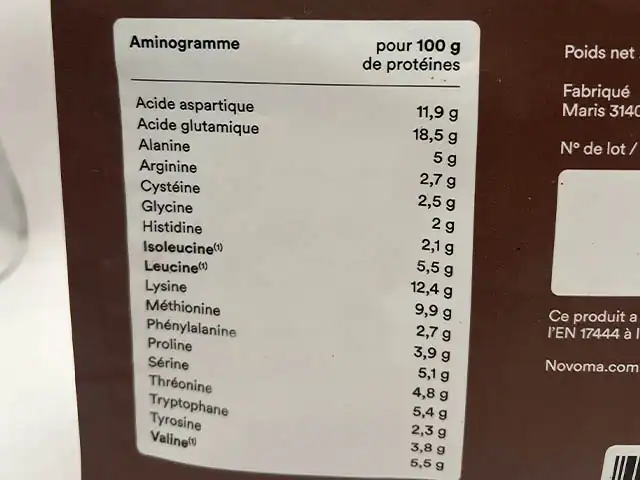 Isolat Whey Native Novoma que vaut cette protéine en poudre test avis aminogramme Photo personnelle NabFit.fr de l'aminogramme de l'Isolat de Whey Native Novoma