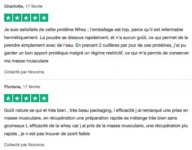 Capture d'écran de deux avis clients au sujet de la Whey Native Novoma