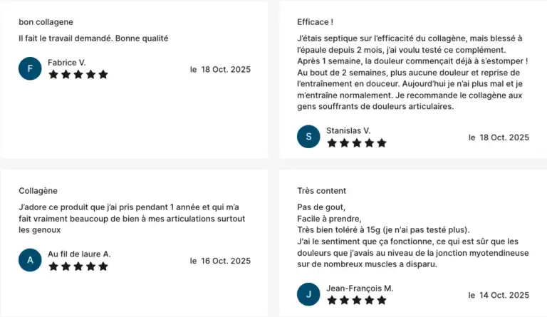 Capture d'écran d'avis clients déposés sur le site Nutripure à propos du collagène