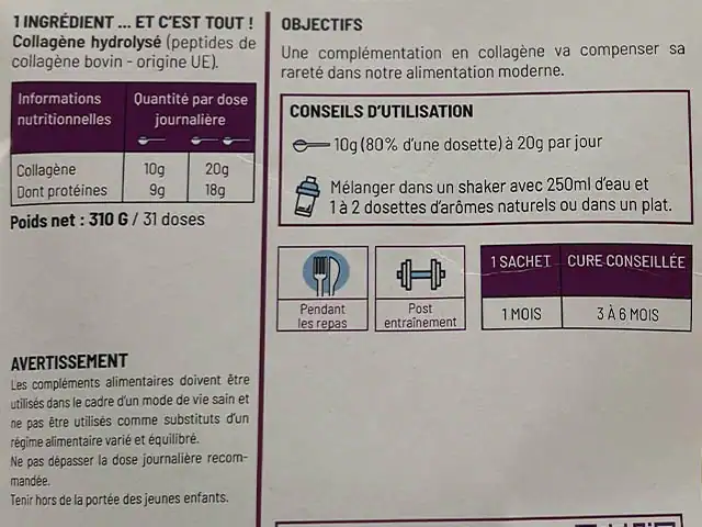 Photo personnelle NabFit.fr de l'arrière du sachet de collagène Nutripure l'état hydrolysé du produit