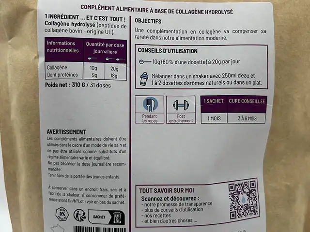 Photo personnelle NabFit.fr de l'arrière du paquet de peptides de collagène Nutripure avec la composition affichée