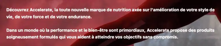 Avis marque Accelerate Nutrition qualité au ralenti communication Capture d'écran du site de la marque Accelerate Nutrition