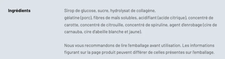 Capture d'écran de la composition des Protein Gummies de la marque Accelerate Nutrition proposée chez Action