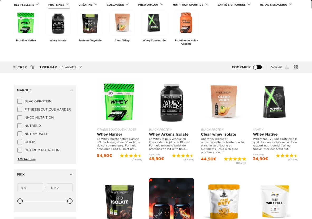 Capture d'écran de la catégorie Protéines du site FitnessBoutique 
