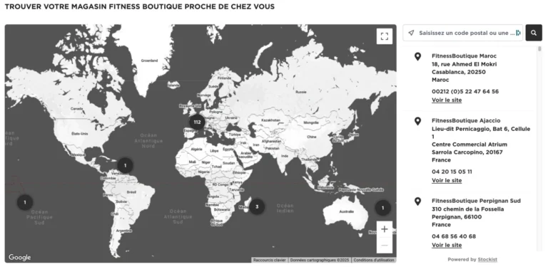 Capture d'écran de la carte interactive des magasins FitnessBoutiques mise à disposition sur le site de la marque