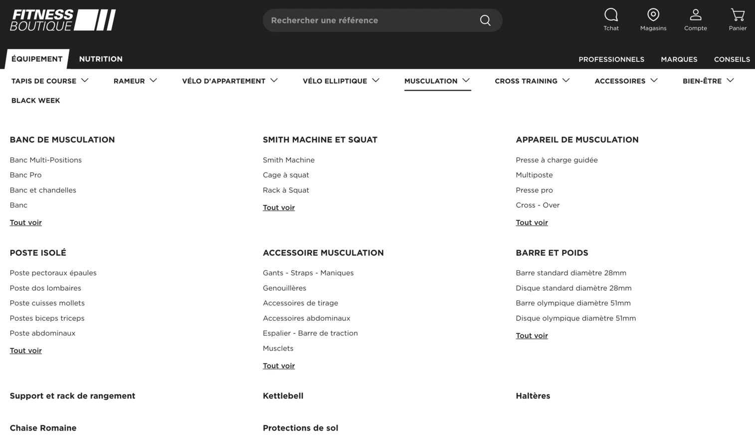 Capture d'écran de la catégorie Musculation du site FitnessBoutique