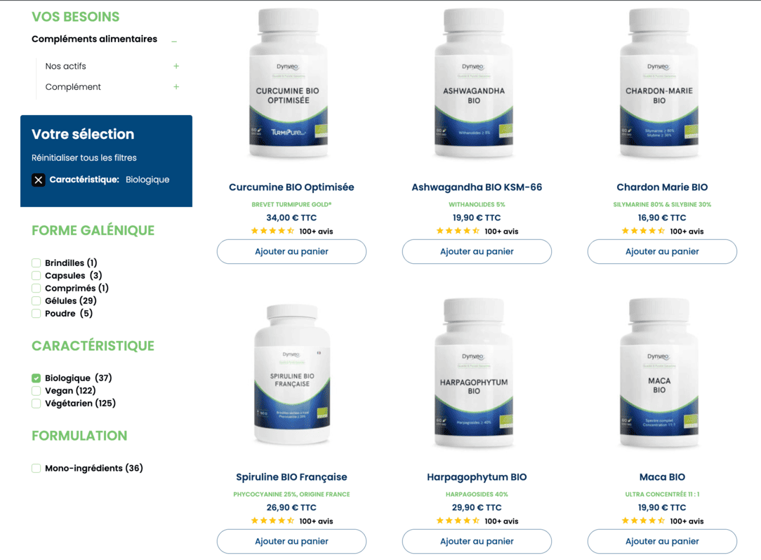 Mon avis produits Dynveo marque hauteur ambitions atouts labels certifications gamme agriculture biologique Capture d'écran du site de la marque Dynveo exposant une partie des produits agriculture biologique